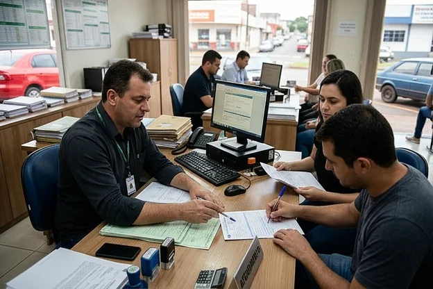 Despachante ajudando cliente com documentação necessária para vender veículo.