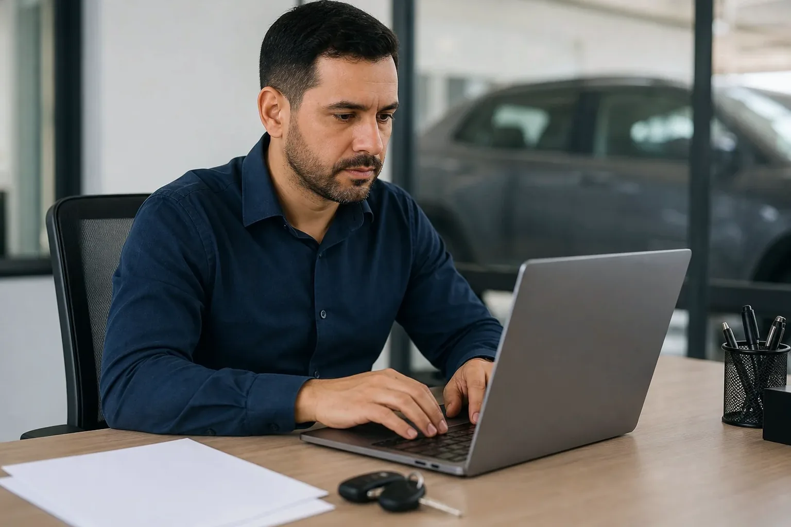 Despachante completando ATPV-e em ambiente de trabalho.