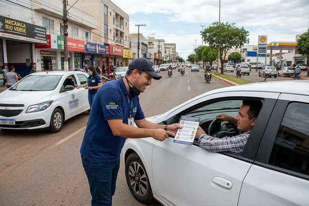 Grupo de profissionais dando dicas de trânsito em ambiente urbano de Rio Verde.