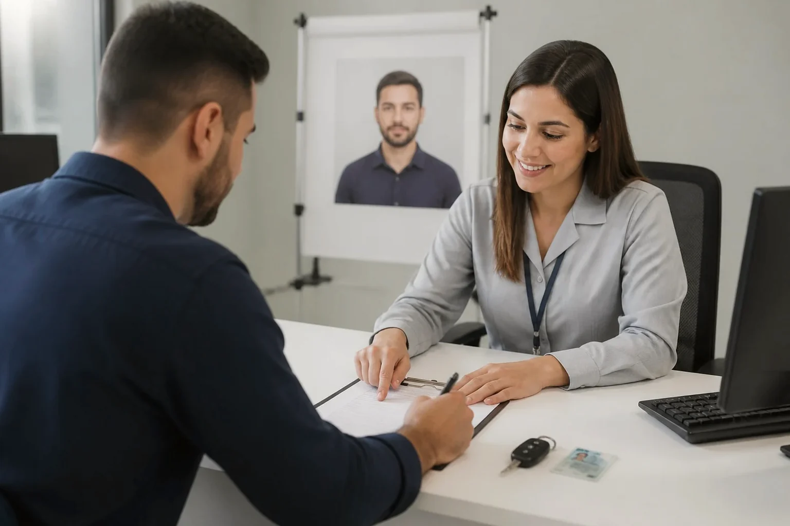 Profissional ajudando cliente com documentos de renovação de CNH.