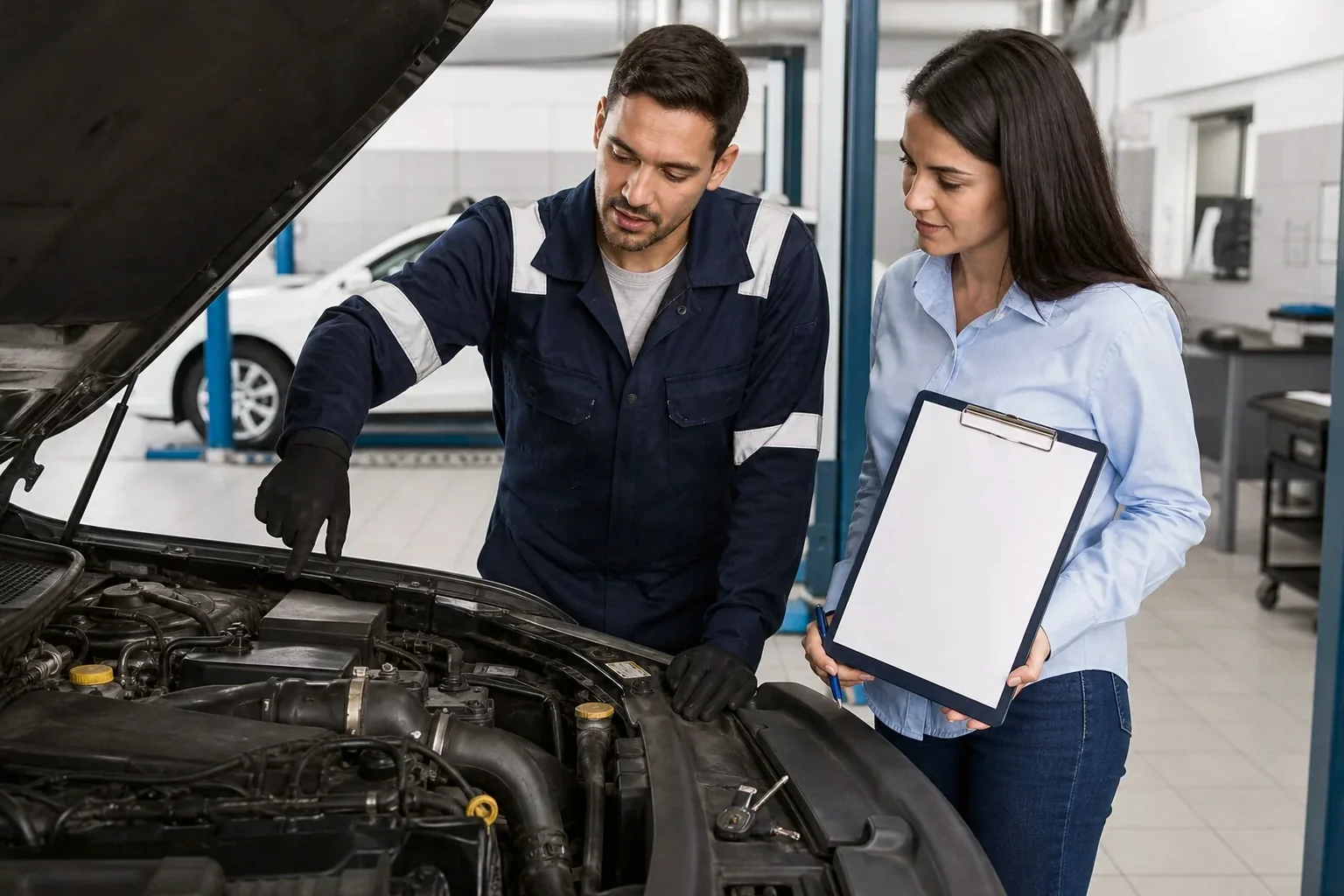 Profissional cadastrando motor de veículo em escritório de despachante.